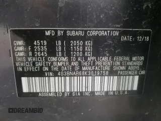 2019 Subaru Legacy Sport with VIN 4S3BNAR68K3019758, listed as a Copart auction lot 54580365 with 33,782 mi miles and Salvage Title. Bid and sale history available at carsss.com. Image 12.