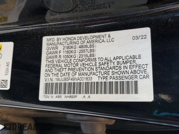 2022 Acura TLX Technology with VIN 19UUB5F49NA001833, listed as a Copart auction lot 57454905 with 15,304 mi miles and Salvage title. Bid and sale history available at DreamBid. Image 13.