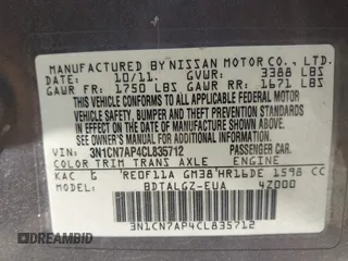 2012 Nissan Versa SV with VIN 3N1CN7AP4CL835712, listed as a IAAI auction lot 41993116 with 125,735 mi miles and . Bid and sale history available at DreamBid. Image 9.