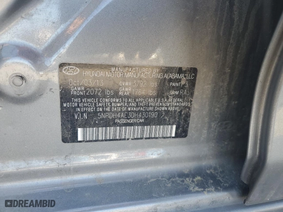 2013 Hyundai Elantra Limited with VIN 5NPDH4AE3DH430190, listed as a Copart auction lot 52144215 with 209,046 mi miles and Salvage Title. Bid and sale history available at carsss.com. Image 12.