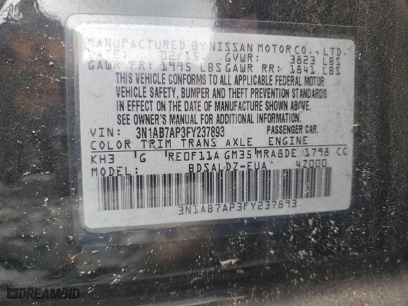 2015 Nissan Sentra S with VIN 3N1AB7AP3FY237893, listed as a Copart auction lot 52076425 with 118,901 mi miles and Salvage Title. Bid and sale history available at carsss.com. Image 12.