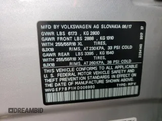 2017 Volkswagen Touareg Sport with VIN WVGEF7BP1HD006980, listed as a Copart auction lot 37464813 with Not Provided miles and . Bid and sale history available at DreamBid. Image 14.