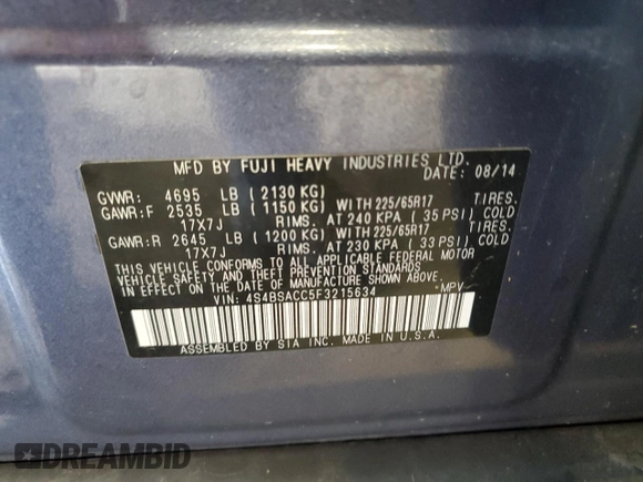 2015 Subaru Outback Premium z VIN 4S4BSACC5F3215634, wystawiony jako Copart lot #60142955 z przebiegiem 95 323 mil mil oraz Szkoda całkowita • Salvage title. Historia ofert i sprzedaży dostępna na DreamBid. Obrazek 12.