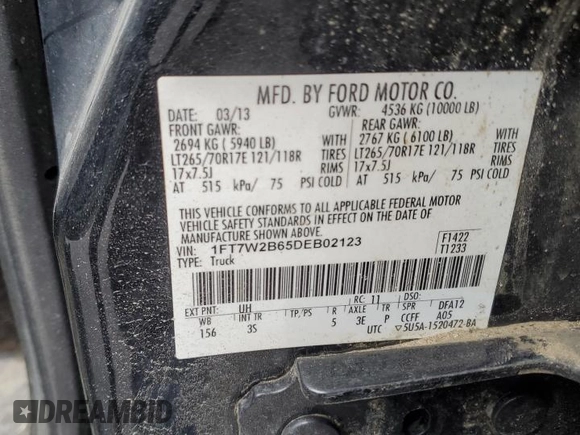 2013 Ford F-250 XL with VIN 1FT7W2B65DEB02123, listed as a Copart auction lot 55615915 with 151,892 mi miles and Salvage title. Bid and sale history available at DreamBid. Image 12.