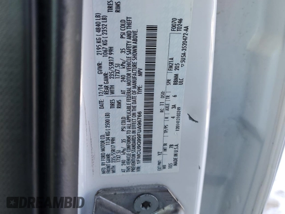 2015 Ford Escape SE with VIN 1FMCU9G99FUA96766, listed as a Copart auction lot 41449035 with 160,008 mi miles and Salvage Title. Bid and sale history available at carsss.com. Image 14.