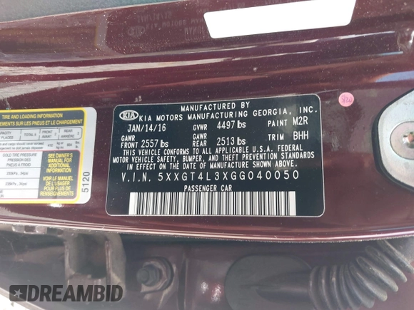 2016 Kia Optima LX with VIN 5XXGT4L3XGG040050, listed as a IAAI auction lot 42363633 with 156,999 mi miles and . Bid and sale history available at DreamBid. Image 9.