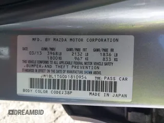 2013 Mazda 3 i SV with VIN JM1BL1TG0D1810954, listed as a IAAI auction lot 42247955 with 95,365 mi miles and . Bid and sale history available at DreamBid. Image 9.