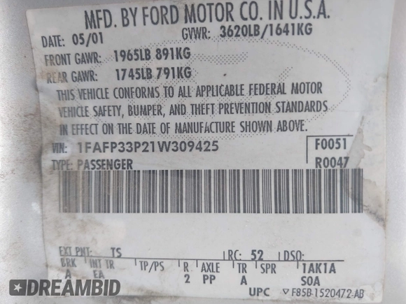 2001 Ford Focus LX with VIN 1FAFP33P21W309425, listed as a IAAI auction lot 41482071 with 86,943 mi miles and . Bid and sale history available at carsss.com. Image 9.