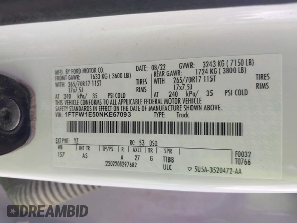 2022 Ford F-150 XL with VIN 1FTFW1E50NKE67093, listed as a IAAI auction lot 42157548 with 104,232 mi miles and . Bid and sale history available at DreamBid. Image 9.