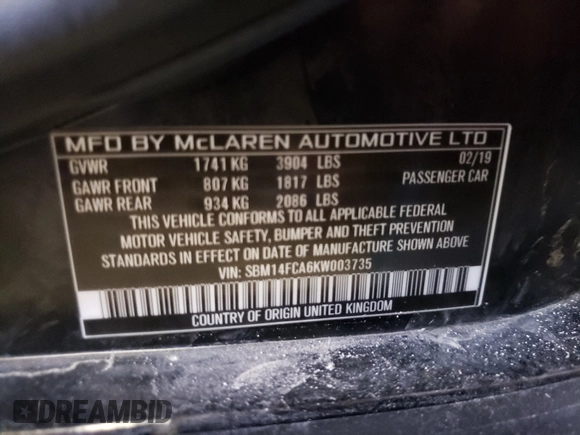 2019 McLaren 720S z VIN SBM14FCA6KW003735, wystawiony jako Copart lot #62092581 z przebiegiem 3344 mil mil oraz . Historia ofert i sprzedaży dostępna na DreamBid. Obrazek 10.