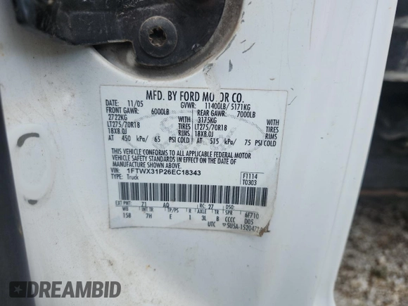 2006 Ford F-350 XL with VIN 1FTWX31P26EC18343, listed as a Copart auction lot 55652265 with 303,085 mi miles and Clean Title. Bid and sale history available at DreamBid. Image 10.