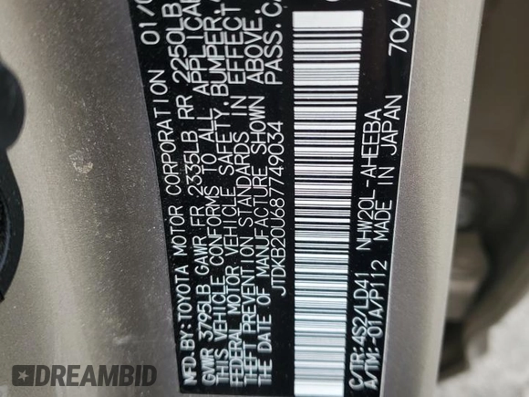2008 Toyota Prius with VIN JTDKB20U687749034, listed as a Copart auction lot 53418535 with 77,048 mi miles and Salvage Title. Bid and sale history available at carsss.com. Image 12.