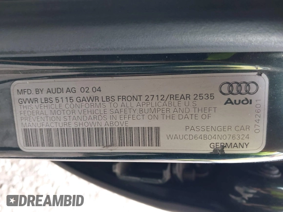 2004 Audi A6 z VIN WAUCD64B04N076324, wystawiony jako IAAI lot #42106102 z przebiegiem 193 992 mil mil oraz . Historia ofert i sprzedaży dostępna na DreamBid. Obrazek 9.
