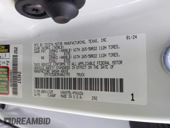 2024 Toyota Tundra Capstone Hybrid with VIN 5TFVC5DB3RX062793, listed as a IAAI auction lot 40829567 with 15,683 mi miles and . Bid and sale history available at DreamBid. Image 9.