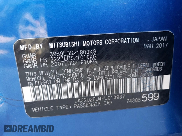 2017 Mitsubishi Lancer ES with VIN JA32U2FU4HU010987, listed as a Copart auction lot 65606953 with 102,654 mi miles. Bid and sale history available at carsss.com. Image 12.