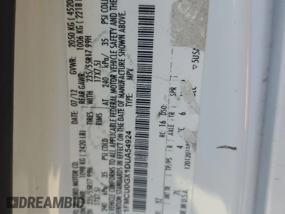 2013 Ford Escape SE with VIN 1FMCU0GX1DUA54924, listed as a Copart auction lot 88772845 with 193,180 mi miles and Salvage title. Bid and sale history available at DreamBid. Image 15.
