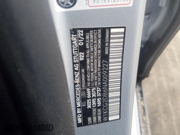 2022 Mercedes-Benz EQS with VIN W1KCG2DB6NA009227, listed as a Copart auction lot 53976294 with 0 mi miles and Salvage Title. Bid and sale history available at carsss.com. Image 12.