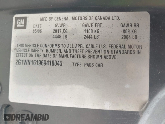 2006 Chevrolet Monte Carlo LTZ with VIN 2G1WN161969410045, listed as a IAAI auction lot 42610237 with 175,236 mi miles and . Bid and sale history available at DreamBid. Image 9.