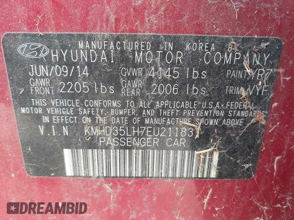 2014 Hyundai Elantra with VIN KMHD35LH7EU211831, listed as a IAAI auction lot 42228579 with 147,752 mi miles and . Bid and sale history available at DreamBid. Image 9.