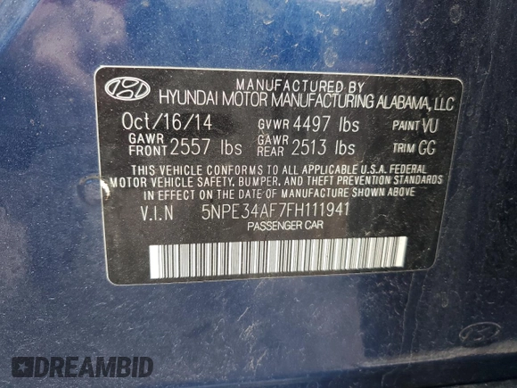 2015 Hyundai Sonata Sport with VIN 5NPE34AF7FH111941, listed as a Copart auction lot 56842275 with 92,082 mi miles and Salvage title. Bid and sale history available at DreamBid. Image 12.
