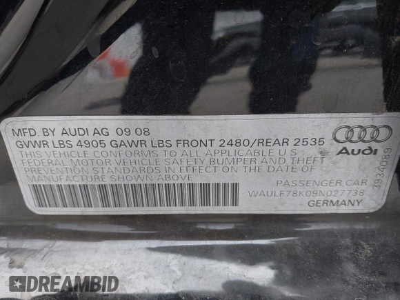 2009 Audi A4 Premium с VIN WAULF78K09N027738, выставлен на аукционе IAAI как лот 42202789 с пробегом 166 232 миль миль и . История ставок и продаж доступна на DreamBid. Изображение 9.