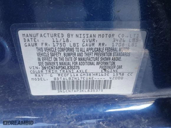 2019 Nissan Versa Sedan SV with VIN 3N1CN7AP3KL835375, listed as a IAAI auction lot 40753060 with 102,777 mi miles. Bid and sale history available at carsss.com. Image 9.