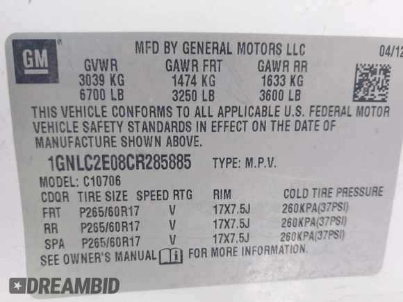 2012 Chevrolet Tahoe Commercial with VIN 1GNLC2E08CR285885, listed as a IAAI auction lot 42326129 with 100,035 mi miles and . Bid and sale history available at DreamBid. Image 9.