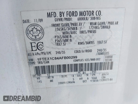 2010 Ford F-150 XL with VIN 1FTEX1C84AFB00299, listed as a IAAI auction lot 42417108 with 241,773 mi miles and . Bid and sale history available at DreamBid. Image 9.