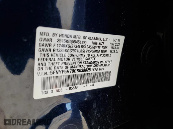 2016 Honda Pilot EX-L with VIN 5FNYF5H70GB038825, listed as a Copart auction lot 46482875 with 22,320 mi miles and Salvage Title. Bid and sale history available at DreamBid. Image 14.