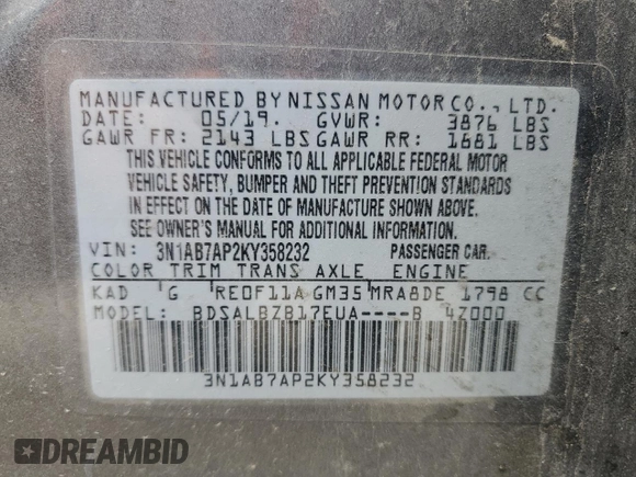 2019 Nissan Sentra S with VIN 3N1AB7AP2KY358232, listed as a Copart auction lot 52965715 with 150,796 mi miles and Clean Title. Bid and sale history available at carsss.com. Image 12.