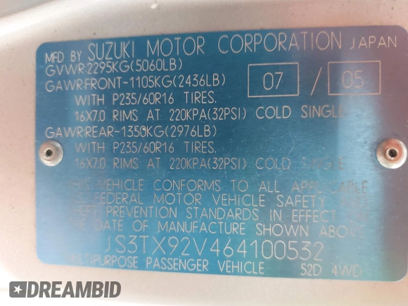 2006 Suzuki XL7 z VIN JS3TX92V464100532, wystawiony jako IAAI lot #42422620 z przebiegiem 221 806 mil mil oraz . Historia ofert i sprzedaży dostępna na DreamBid. Obrazek 9.