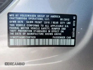 2012 Volkswagen Passat SEL with VIN 1VWCP7A36CC097828, listed as a Copart auction lot 46071215 with 156,525 mi miles and Salvage Title. Bid and sale history available at carsss.com. Image 12.
