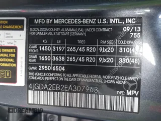 2014 Mercedes-Benz M 350 with VIN 4JGDA2EB2EA307963, listed as a IAAI auction lot 41582162 with 54,963 mi miles and . Bid and sale history available at DreamBid. Image 9.