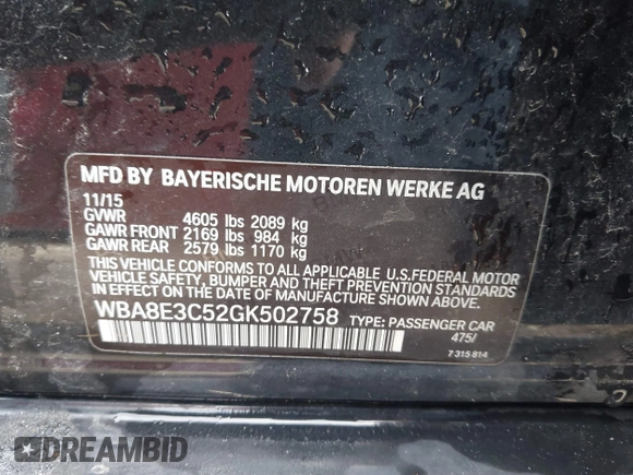 2016 BMW 3 Series 328i xDrive z VIN WBA8E3C52GK502758, wystawiony jako IAAI lot #41651463 z przebiegiem 95 537 mil mil oraz . Historia ofert i sprzedaży dostępna na DreamBid. Obrazek 9.