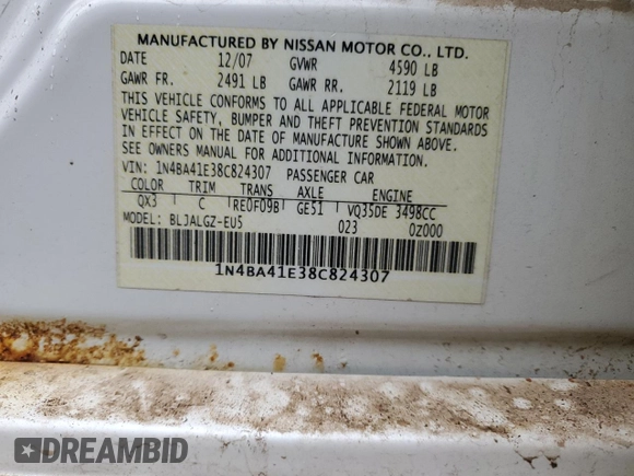 2008 Nissan Maxima 3.5 SE with VIN 1N4BA41E38C824307, listed as a Copart auction lot 79118114 with 215,072 mi miles and Non Repairable. Bid and sale history available at carsss.com. Image 13.