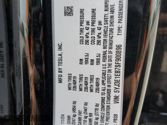 2025 Tesla Model 3 Long Range с VIN 5YJ3E1EB7SF900896, выставлен на аукционе Copart как лот 60446345 с пробегом 5 040 миль миль и Списание • Salvage title. История ставок и продаж доступна на DreamBid. Изображение 12.