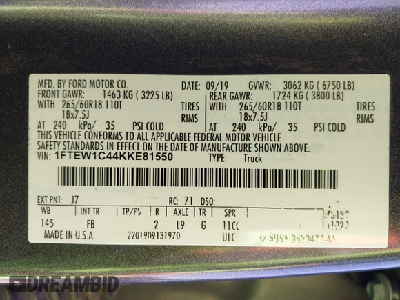 2019 Ford F-150 XL with VIN 1FTEW1C44KKE81550, listed as a IAAI auction lot 42012568 with 53,978 mi miles and . Bid and sale history available at carsss.com. Image 9.