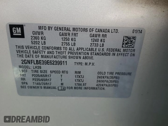 2014 Chevrolet Equinox LT with VIN 2GNFLBE39E6239911, listed as a Copart auction lot 54151655 with 177,062 mi miles and Salvage Title. Bid and sale history available at DreamBid. Image 12.