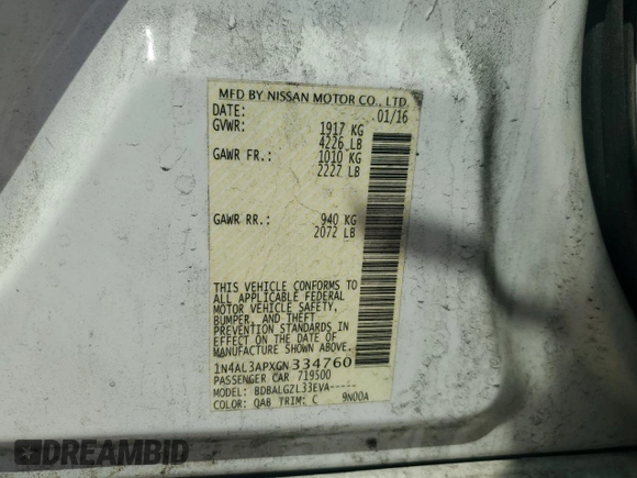 2016 Nissan Altima S with VIN 1N4AL3APXGN334760, listed as a Copart auction lot 52588005 with 110,141 mi miles and Salvage Title. Bid and sale history available at DreamBid. Image 14.