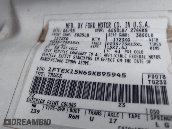 1995 Ford F-150 with VIN 1FTEX15N6SKB95945, listed as a IAAI auction lot 41542178 with 1 mi miles. Bid and sale history available at carsss.com. Image 9.