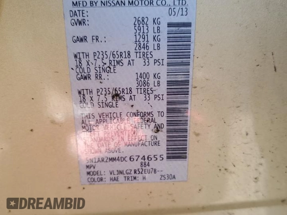 2013 Nissan Pathfinder SV with VIN 5N1AR2MM4DC674655, listed as a Copart auction lot 56116005 with 175,393 mi miles and Salvage title. Bid and sale history available at DreamBid. Image 14.