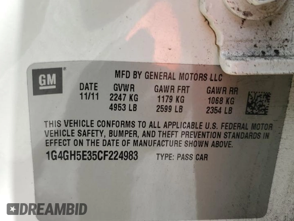 2012 Buick LaCrosse Premium 3 with VIN 1G4GH5E35CF224983, listed as a Copart auction lot 69041164 with 0 mi miles and Clean Title. Bid and sale history available at carsss.com. Image 12.