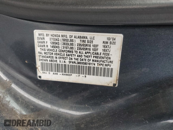2005 Honda Odyssey EX-L with VIN 5FNRL38695B018174, listed as a Copart auction lot 45573885 with 207,393 mi miles and Salvage Title. Bid and sale history available at carsss.com. Image 13.