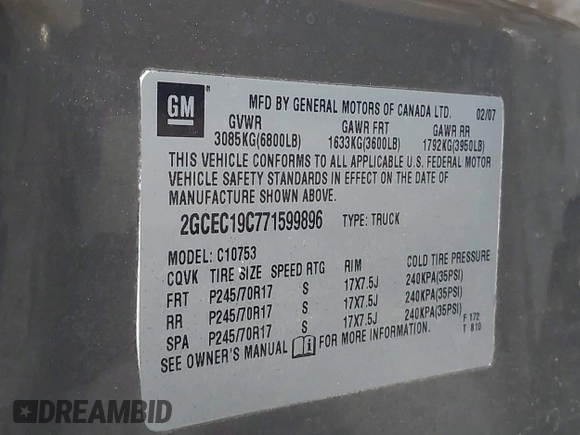 2007 Chevrolet Silverado 1500 Work Truck with VIN 2GCEC19C771599896, listed as a IAAI auction lot 41992728 with 215,375 mi miles and . Bid and sale history available at DreamBid. Image 9.
