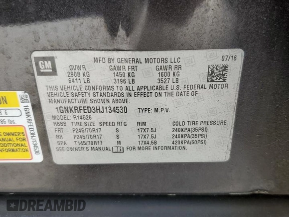 2017 Chevrolet Traverse LS with VIN 1GNKRFED3HJ134530, listed as a Copart auction lot 72185844 with 82,427 mi miles and Salvage Title. Bid and sale history available at DreamBid. Image 14.