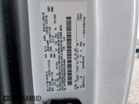 2019 Ford F-150 XL z VIN 1FTEX1CB5KKD33466, wystawiony jako Copart lot #58069755 z przebiegiem 49 800 mil mil oraz Szkoda całkowita • Salvage title. Historia ofert i sprzedaży dostępna na DreamBid. Obrazek 12.