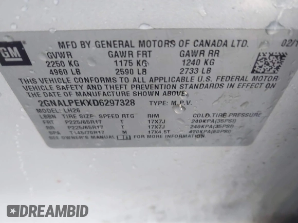 2013 Chevrolet Equinox LT with VIN 2GNALPEKXD6297328, listed as a IAAI auction lot 41836910 with 151,340 mi miles and . Bid and sale history available at DreamBid. Image 9.