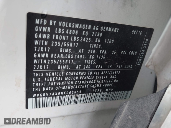 2017 Volkswagen Tiguan Wolfsburg Edition with VIN WVGRV7AX9HK002659, listed as a IAAI auction lot 42482438 with 88,841 mi miles and . Bid and sale history available at DreamBid. Image 9.