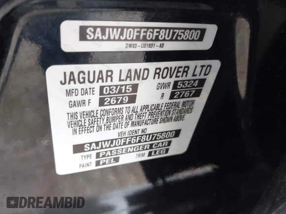 2015 Jaguar XF V6 Portfolio with VIN SAJWJ0FF6F8U75800, listed as a IAAI auction lot 42044449 with 1 mi miles. Bid and sale history available at carsss.com. Image 9.