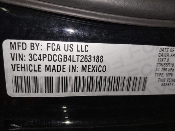 2020 Dodge Journey Crossroad with VIN 3C4PDCGB4LT263188, listed as a IAAI auction lot 41712652 with 92,639 mi miles and . Bid and sale history available at carsss.com. Image 9.